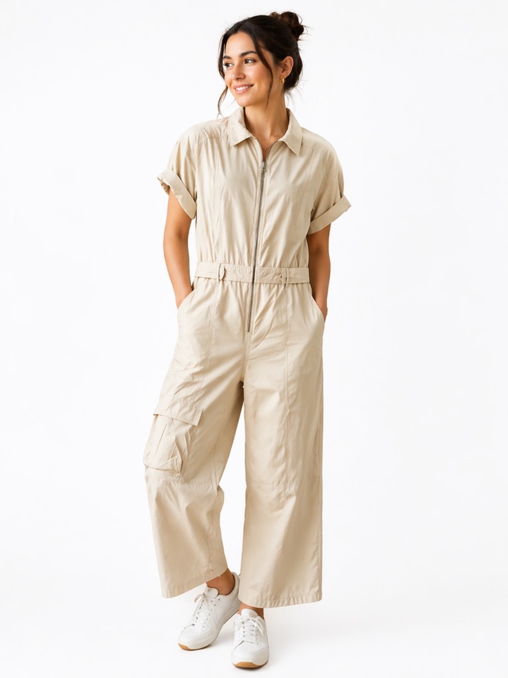 Zara Beige Short-Sleeve Utility Jumpsuit